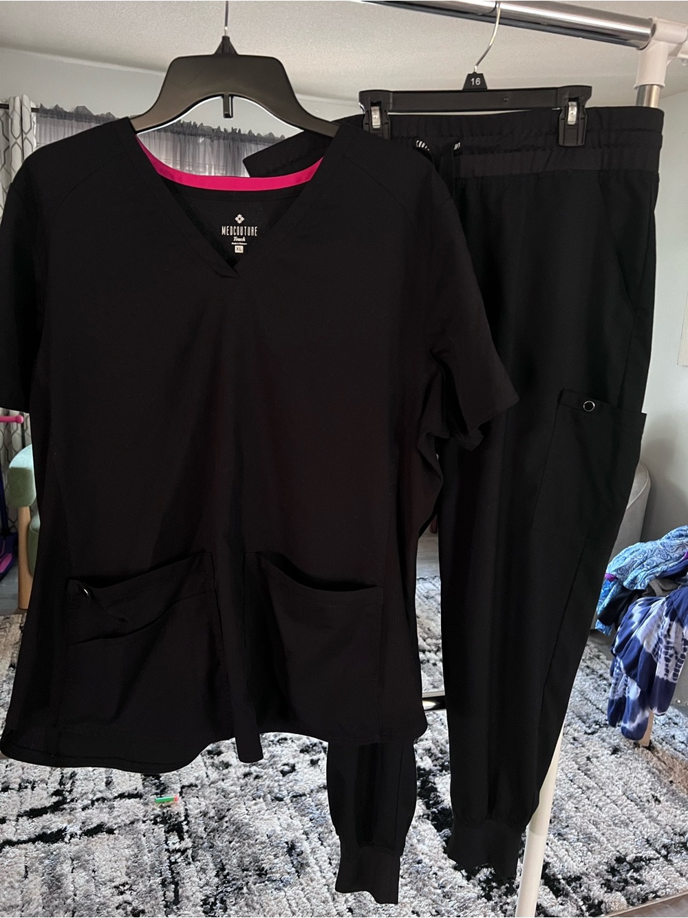 Med Couture Black Women's Scrub Top & Jogger Pants with Pink Neck Trim